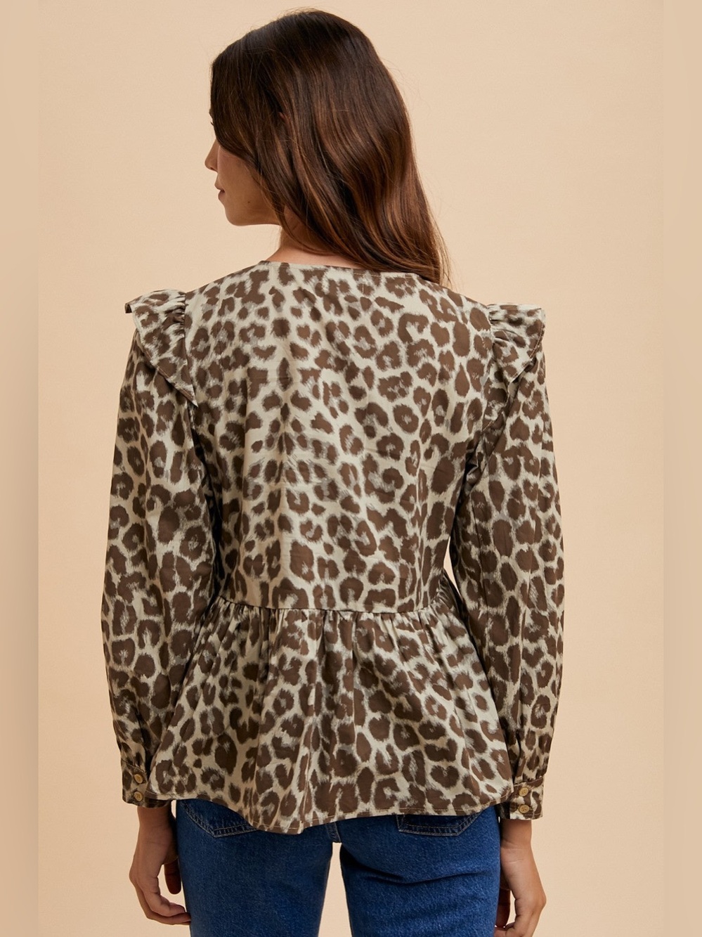 Annie Wear Leopard Print Tie Front Peplum Blouse Brown Cream Women Size XL - Picture 4 of 14